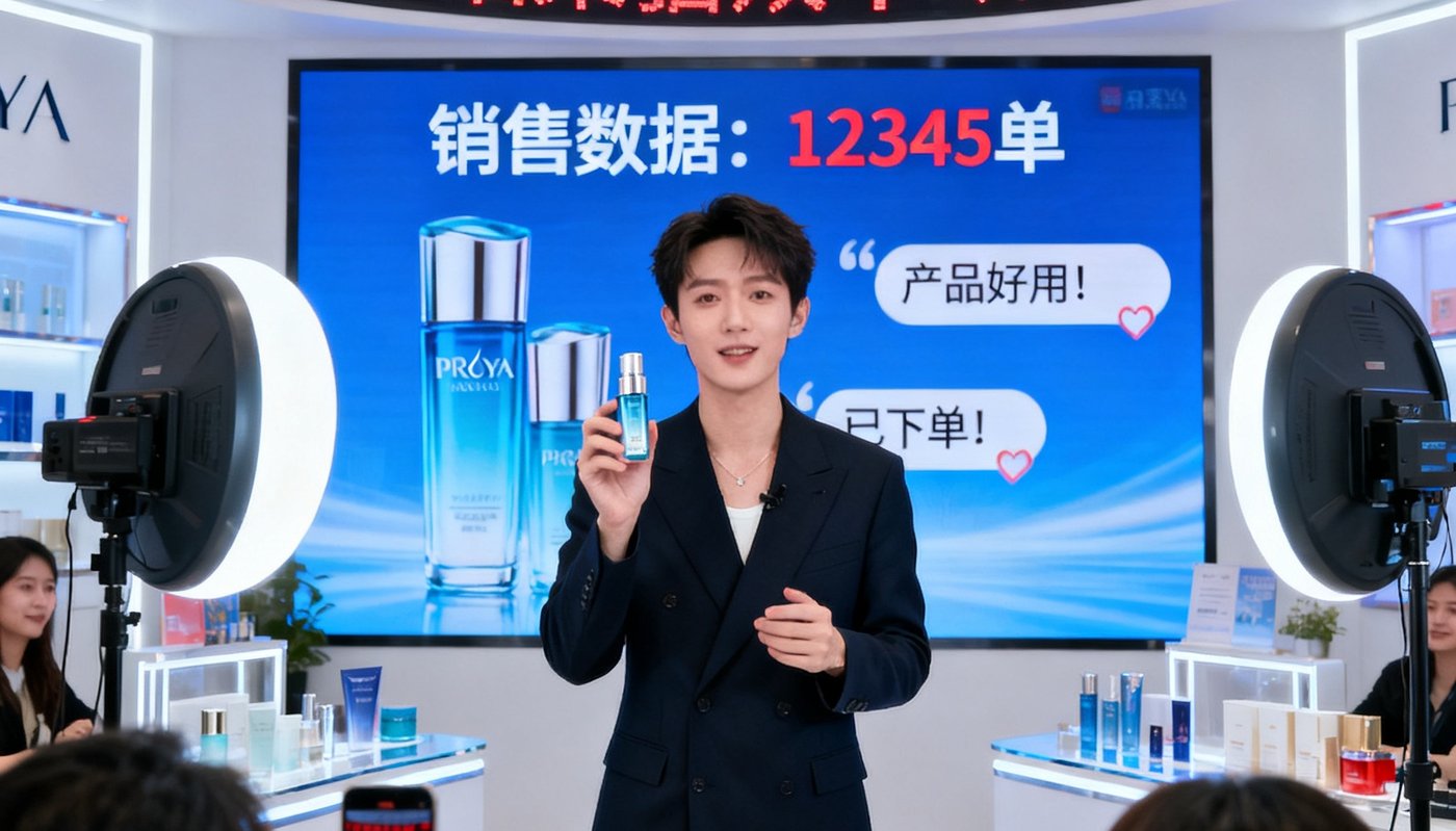 珀莱雅双十一直播间全景，主播正在介绍产品，背后LED大屏实时滚动销售数据与粉丝互动弹幕。